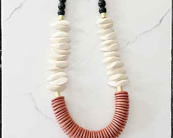 Long Wood Statement Necklace, Rust Coconut Wood Disk Bead, White Wood Nugget Bead, Handmade Jewelry, Gold Jewelry, Gold Wood Barrel Bead