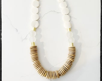 White African Bone Bead Flat Bead / Tan Camel Coconut Chip Bead / Recycled Glass Bead / Layering Long Statement Necklace / Boho Festival