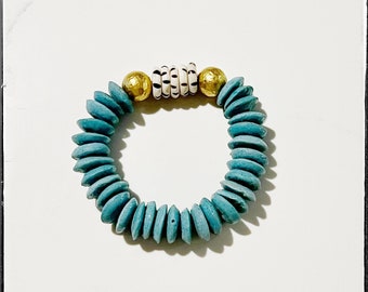 Stacking Stretch Bead Bracelet / Light Teal Green Ashanti Recycled Glass Beads / Brass Textured Beads / Mala Rustic Bead / African Bone Bead