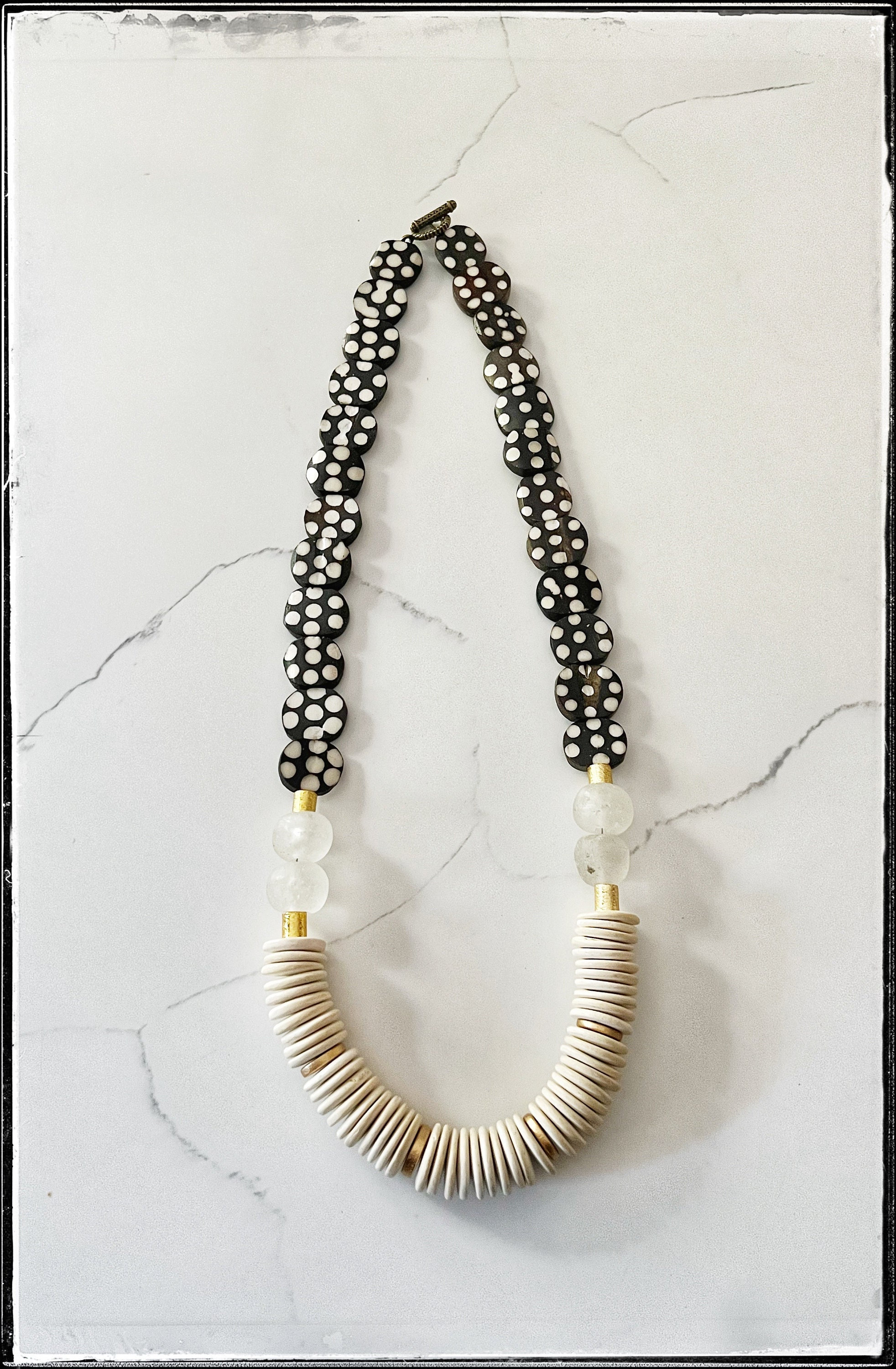 Polka Dot African Bone Bead Flat Bead / White Coconut Chip Bead / Recycled Glass Bead / Fun Layering Long Statement Necklace / Boho Festival