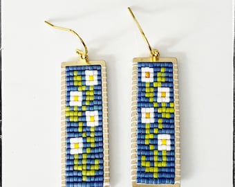 Beaded White Flower Earring, Brass Gold Framed Rectangular Brass Earrings, Woven Japanese Seed Bead, Cross Stitch Brick Stitch, Miyuki Glass