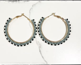 Glass Seed Bead Hoop Earring, Circle Brass Earrings, Sage Green Black White, Woven Seed Bead, Japanese Seed Beads, Brick Stitch, Gold Hoop