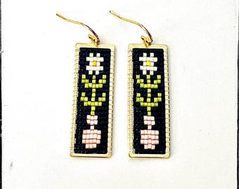 Beaded Flower Earring, Brass Gold Framed Rectangular Brass Earrings, Woven Japanese Seed Bead, Cross Stitch Brick Stitch,  Potted Plant