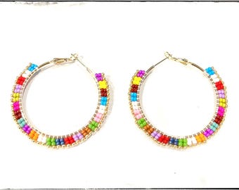 Glass Seed Bead Hoop Earring, Circle Brass Earrings, Rainbow Multi Earrings, Woven Seed Bead, Japanese Seed Beads, Brick Stitch, Gold Hoop