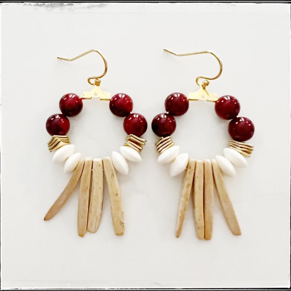 Glass Bead Earrings, Red Quartz Glass Beads, Natural Coconut Wood Spike Bead, Chandelier Dangle Statement Earrings, Gold Earring