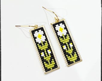 Beaded Flower Earring, Brass Gold Framed Rectangular Brass Earrings, Woven Japanese Seed Bead, Cross Stitch Brick Stitch,  Potted Plant