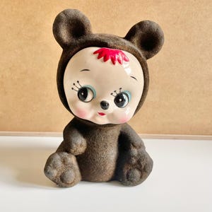Cute Japanese vintage 60s Black Bear ceramic flocked figure figurine / coin bank from Japan
