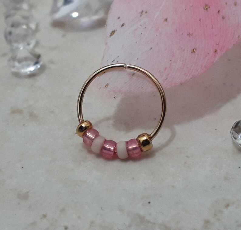 Dainty Septum Ring Solid Gold Septum Septum24G-14K Real Gold Septum Ring-White-Pink Beads Septum Hoop Pierced Septum Ring