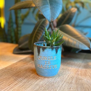 Op de afbeelding: Een kleine, lichtblauwe keramische plantenpot met de tekst "JUNGLE IS MASSIVE" in een gestempeld lettertype. De pot bevat een kleine groene vetplant. De rand heeft een donkerbruin glazuur. De pot staat op een houten oppervlak.
