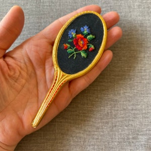 Vintage hand mirror, Floral embroidered pocket mirror, Collectible vanity mirror, Gold tone small compact mirror, Gift for mom image 4