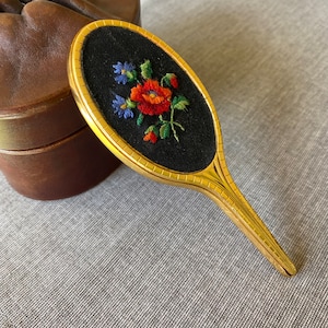 Vintage hand mirror, Floral embroidered pocket mirror, Collectible vanity mirror, Gold tone small compact mirror, Gift for mom
