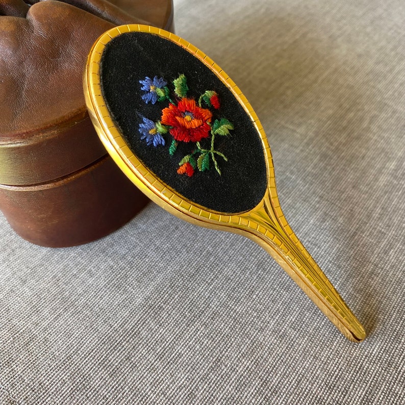 Vintage hand mirror, Floral embroidered pocket mirror, Collectible vanity mirror, Gold tone small compact mirror, Gift for mom