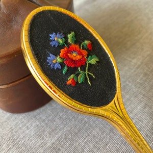 Vintage hand mirror, Floral embroidered pocket mirror, Collectible vanity mirror, Gold tone small compact mirror, Gift for mom image 2