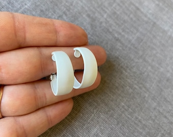 Small white hoop earrings, Huggie clip on earrings vintage, Enamel hoop clip ons, Little hoop earrings