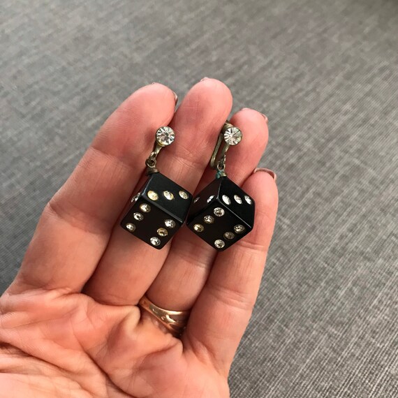 Rare bakelite dice earrings, Vintage weird earrings Gem