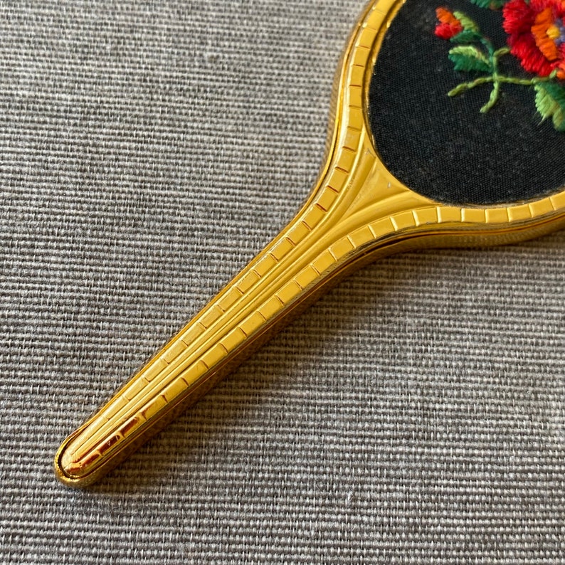 Vintage hand mirror, Floral embroidered pocket mirror, Collectible vanity mirror, Gold tone small compact mirror, Gift for mom image 6