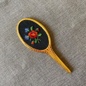 Vintage hand mirror, Floral embroidered pocket mirror, Collectible vanity mirror, Gold tone small compact mirror, Gift for mom image 3