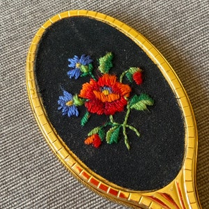 Vintage hand mirror, Floral embroidered pocket mirror, Collectible vanity mirror, Gold tone small compact mirror, Gift for mom image 5