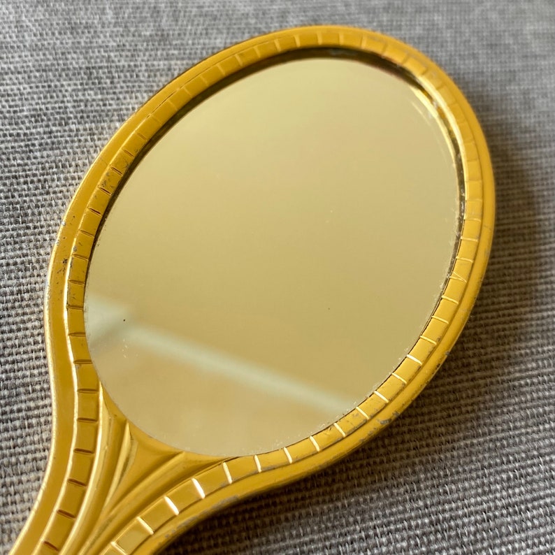 Vintage hand mirror, Floral embroidered pocket mirror, Collectible vanity mirror, Gold tone small compact mirror, Gift for mom image 8