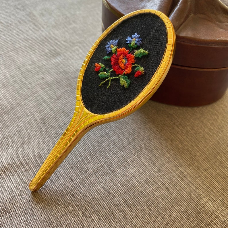 Vintage hand mirror, Floral embroidered pocket mirror, Collectible vanity mirror, Gold tone small compact mirror, Gift for mom image 10