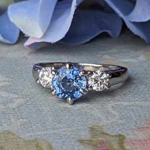 Vintage Light Cornflower Blue Sapphire and Diamond Platinum Trilogy Ring, Sapphire and Diamond Engagement or Anniversary Ring