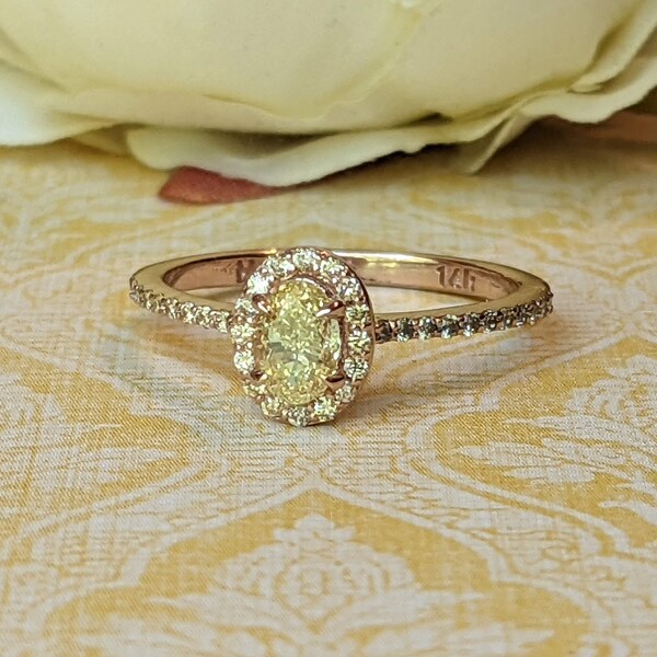 Hold for Y - Natural Yellow Diamond 14k Rose Gold Diamond Halo Engagement Ring, Vintage 0.70cts Yellow Diamond Stacking or Fashion Ring