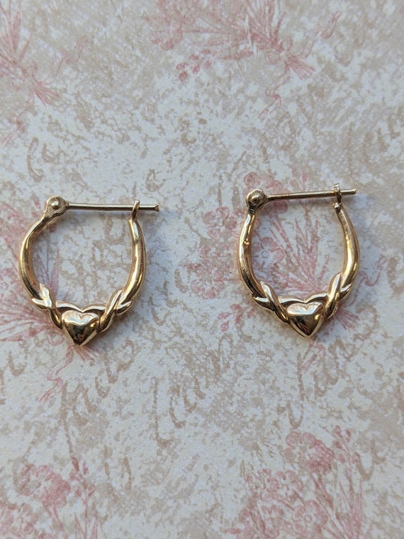 Vintage Heart Hoop 10k Yellow Gold Earrings, Vinta