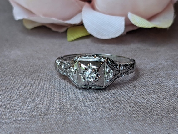 Vintage Old Cut Diamond 18k White Gold Filigree C… - image 1