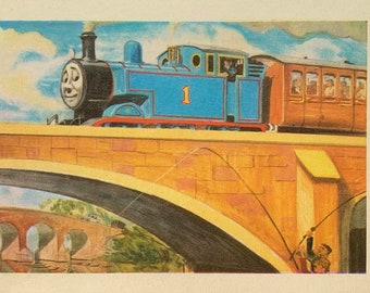 1970's Original Vintage C Reginald Dalby Main Line Engines 'Thomas Drives Over The Bridge' Printed Book Illustration