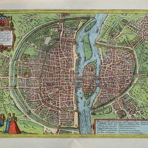 1955 Original Vintage 'Paris' Alte Europäische Städte 16th Century Stadt Karten