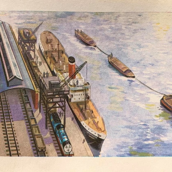 1970's Original Vintage C Reginald Dalby Henry The Green Engine at the Docks Printed Book Illustration