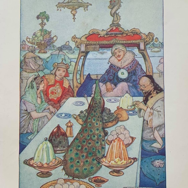 1920 Contes vintage originaux des mille et une nuits Illustration Print « Le Sultan assis à la première table » par A.E.Jackson