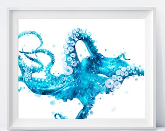 Octopus watercolor Painting Animal Print Sea Art Octopus Illustration Nautical Decor Octopus Poster Octopus Home Wall Decor Instant Download