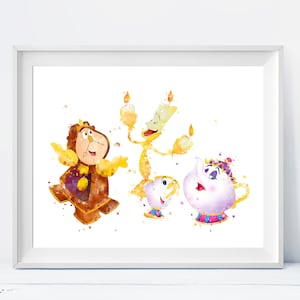 May include: Watercolour painting of four characters from the Disney film Beauty and the Beast. The characters are Lumiere, Cogsworth, Mrs. Potts, and Chip. The painting is done in a light and airy style, with soft colours and a whimsical feel.