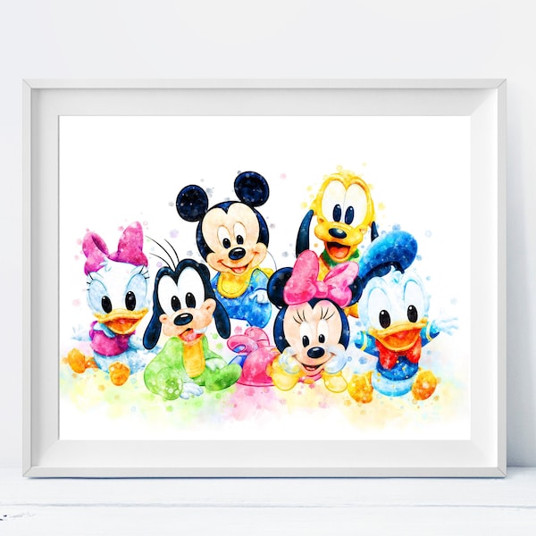 Baby Mickey and Friends Prints Mickey Minnie Mouse Goofy Donald Daisy Duck Pluto Watercolor Printable Poster Birthday Gifts Wall Art
