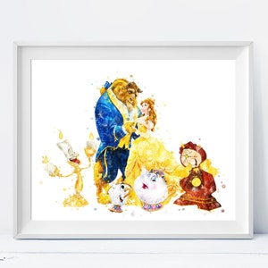 May include: Watercolour painting of Belle and the Beast from Disney's Beauty and the Beast. The characters are surrounded by other characters from the film, including Lumiere, Cogsworth, and Mrs. Potts.