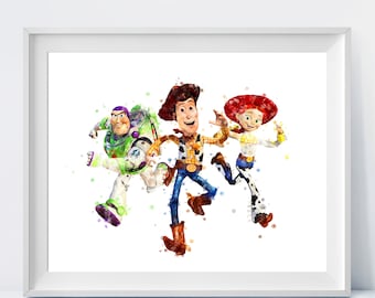 Toy Story Print Imprimable Aquarelle Jessie Buzz Lightyear Woody Toy Story Affiche Wall Decor Kids Room Decor Wall Art Digital Prints