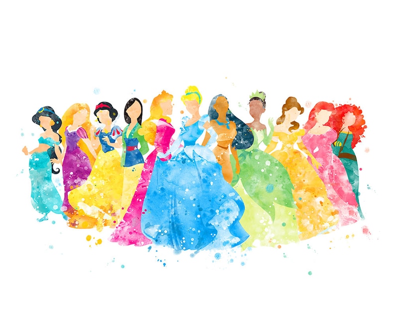 May include: Watercolor painting of Disney princesses in their iconic dresses. The princesses are arranged in a line, with Cinderella in the center. The painting is done in a vibrant and colorful style, with splashes of paint adding to the overall effect.