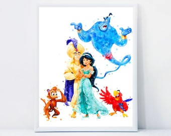 アラジン ジャスミン アブ ジーニー オウム ラゴ 水彩画 アラジンと