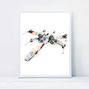 May include: A watercolour painting of a white, red and blue X-Wing starfighter from the Star Wars franchise. The spaceship is depicted in flight with its wings spread out.