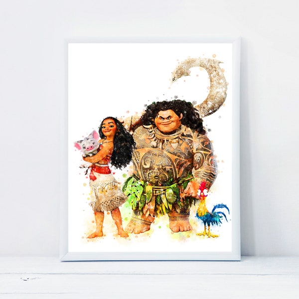 Moana Print Princess Moana Maui Heihei Pua Watercolor Printables Moana Poster Princess Art Nursery Moana Birthday Digital Download