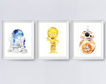 Star Wars Print Baby BB-8 R2D2 C3PO Akwarela Drukowana Sztuka Droid Plakat Star Wars Malarstwo Ilustracja Star Wars Natychmiastowe Pobieranie Prezentów