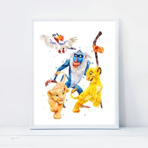 May include: Watercolor art print featuring characters from The Lion King. The artwork includes Simba, Nala, Rafiki, and Zazu, rendered in vibrant yellows, blues, and oranges. The print is framed in a white border.