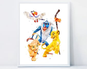 Puede incluir: Impresión artística en acuarela con personajes de El Rey León. La obra incluye a Simba, Nala, Rafiki y Zazu, en tonos amarillos, azules y naranjas. La impresión está enmarcada en un borde blanco.