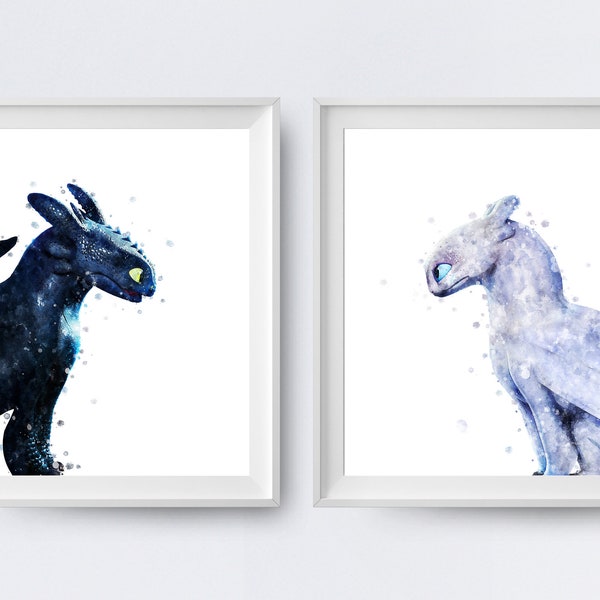 How To Train Your Dragon Watercolor Toothless Night Fury and Light Fury Print Dragon Printable Birthday Gift Toothless Digital Download