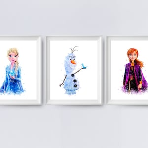 Frozen 2 Anna Elsa Olaf Print Frozen 2 Acuarela Poster Princess Anna and Elsa Painting Snowman Nursery Baby Room Decor Digital Download