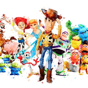 Pode incluir: Uma pintura em aquarela dos personagens de Toy Story, incluindo Woody, Buzz Lightyear, Jessie e Rex. Os personagens est&atilde;o todos sorrindo e parecem felizes. O fundo &eacute; uma aquarela branca.