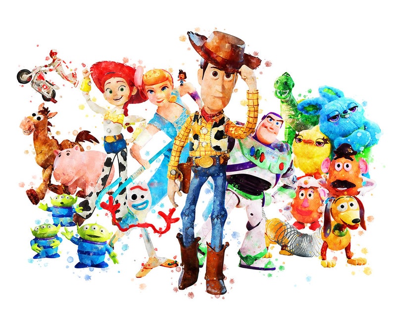 Pode incluir: Uma pintura em aquarela dos personagens de Toy Story, incluindo Woody, Buzz Lightyear, Jessie e Rex. Os personagens est&atilde;o todos sorrindo e parecem felizes. O fundo &eacute; uma aquarela branca.