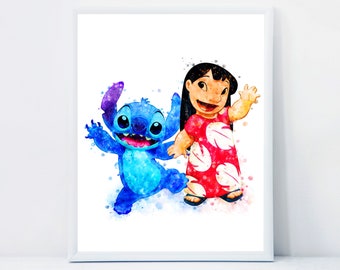 Lilo et Stitch Print Ohana signifie Citation de famille Aquarelle Lilo et Stitch illustrations Lilo et Stitch Wall Art Decor Téléchargement numérique