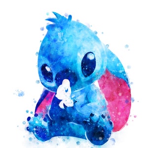 May include: A watercolour painting of Stitch, a blue alien character from the Disney film Lilo & Stitch, sitting with a white flower in his hand. The painting has a blue, pink and white colour scheme.